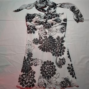 De Laru Dress Women's 9/10 White Black Halter Tie Floral Padded Mini Dress